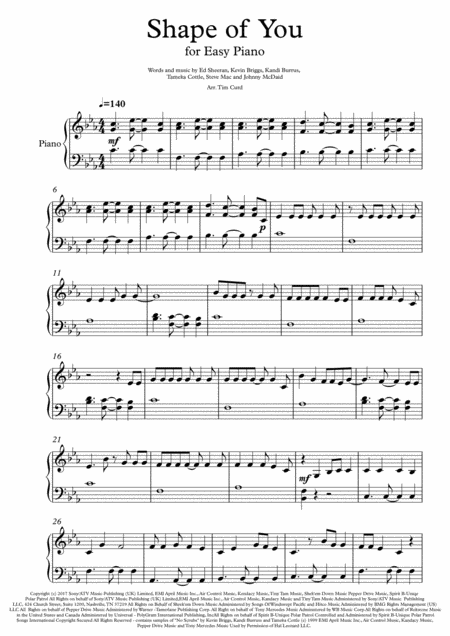 Free Sheet Music Shape Of You For Easy Piano