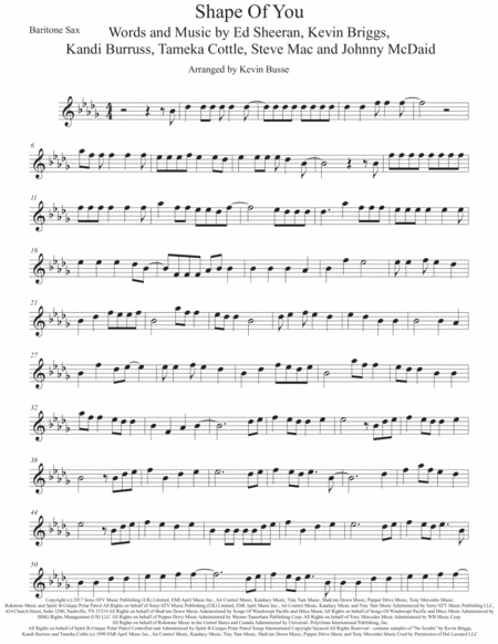 Shape Of You Original Key Bari Sax Sheet Music