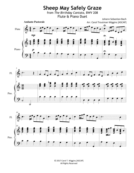 Free Sheet Music Sheep May Safely Graze From The Birthday Cantata Bwv 208 Flute Piano Duet