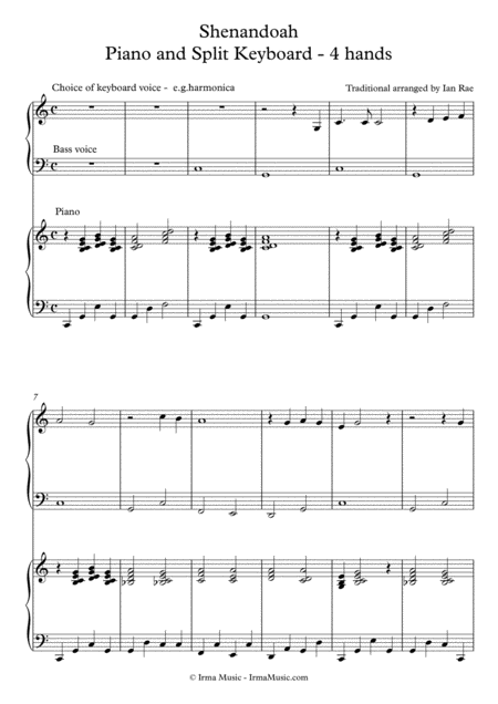 Free Sheet Music Shenandoah Beginner Keyboard Intermediate Piano 4 Hands
