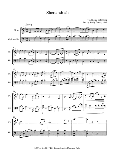 Free Sheet Music Shenandoah For Flute And Cello Duet