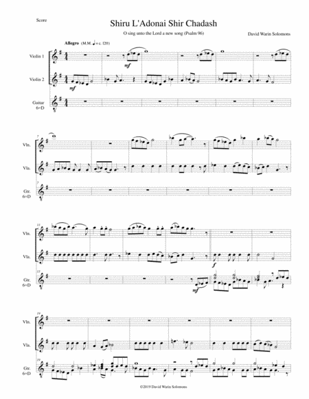 Free Sheet Music Shiru L Adonai Shir Chadash O Sing Unto The Lord A New Song Psalm 96 For 2 Violins And Classical Guitar