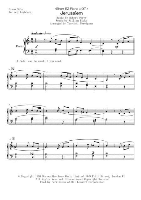 Short Ez Piano 07 Jerusalem Sheet Music