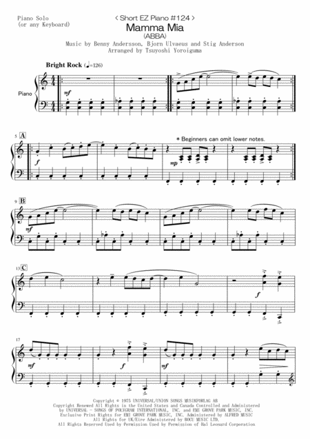 Free Sheet Music Short Ez Piano 124 Mamma Mia Abba