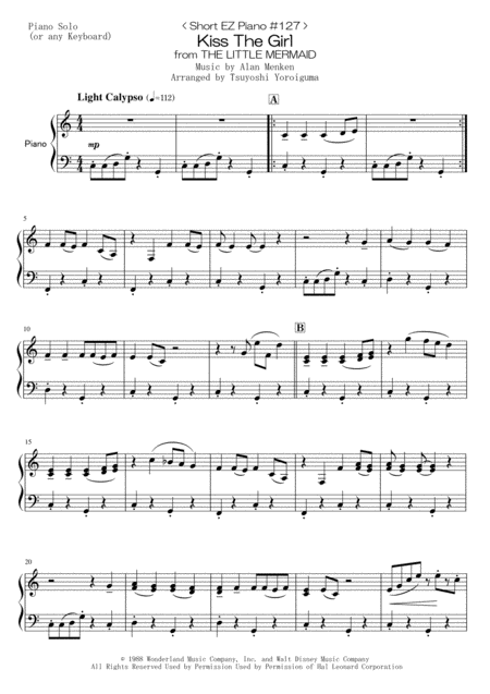 Short Ez Piano 127 Kiss The Girl From The Little Mermaid Sheet Music