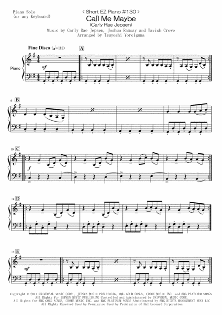 Free Sheet Music Short Ez Piano 130 Call Me Maybe Carly Rae Jepsen