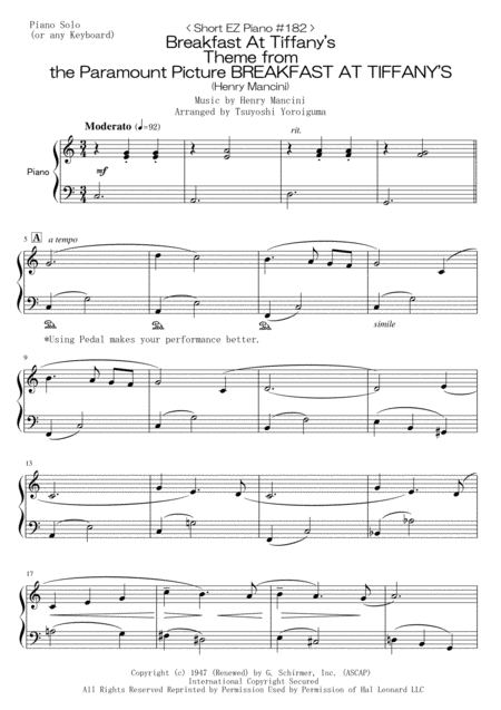 Short Ez Piano 182 Breakfast At Tiffanys Theme From The Paramount Picture Breakfast At Tiffany S Sheet Music