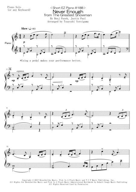 Short Ez Piano 188 Never Enough From The Greatest Showman Sheet Music