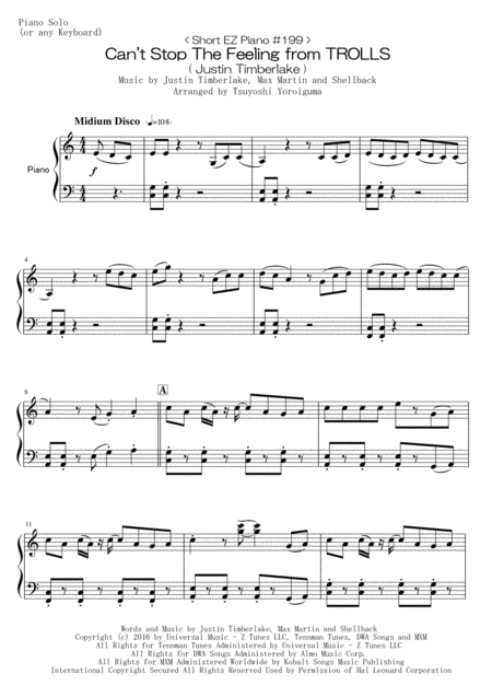 Free Sheet Music Short Ez Piano 199 Cant Stop The Feeling From Trolls Justin Timberlake