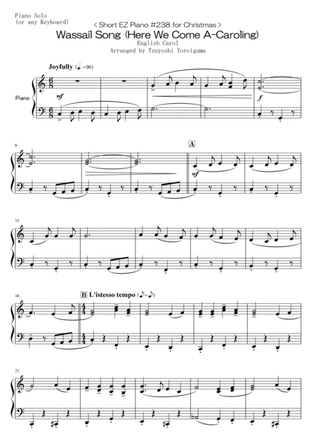 Short Ez Piano 238 For Christmas Wassail Song Here We Come A Caroling Sheet Music