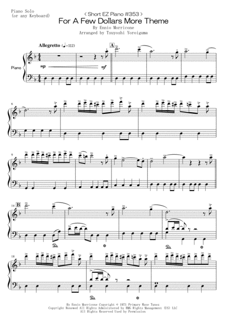 Short Ez Piano 353 For A Few Dollars More Theme Sheet Music