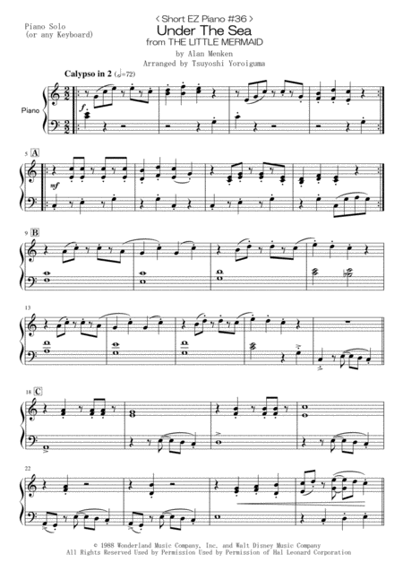 Short Ez Piano 36 Under The Sea From The Little Mermaid Sheet Music