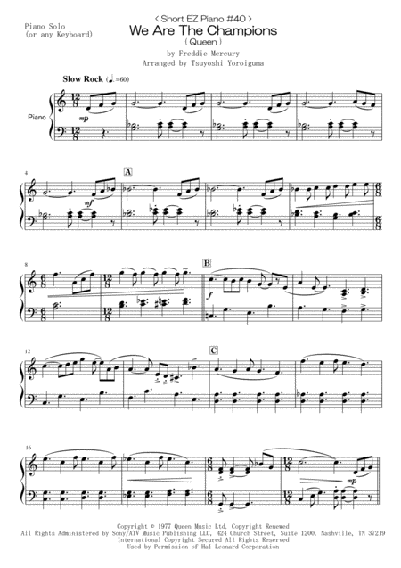 Free Sheet Music Short Ez Piano 40 We Are The Champions Queen