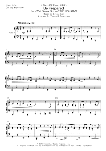 Free Sheet Music Short Ez Piano 79 Be Prepared From Walt Disney Pictures The Lion King