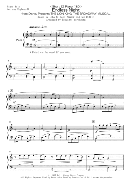 Free Sheet Music Short Ez Piano 80 Endless Night Disney Presents The Lion King The Broadway Musical