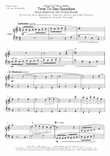 Free Sheet Music Short Ez Piano 94 Time To Say Goodbye