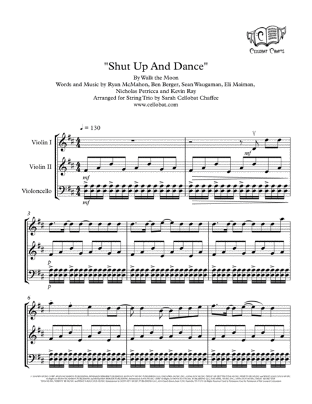 Shut Up And Dance String Trio 2 Violins Cello Walk The Moon Arr Cellobat Sheet Music