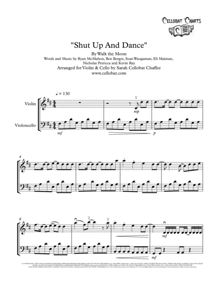 Free Sheet Music Shut Up And Dance Violin Cello Duet Walk The Moon Arr Cellobat