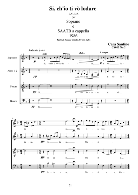 Free Sheet Music Si Ch Io Ti V Lodare Lauda For Choir Saatb A Cappella