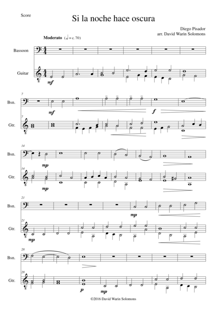 Free Sheet Music Si La Noche Hace Oscura For Bassoon Low Version And Guitar