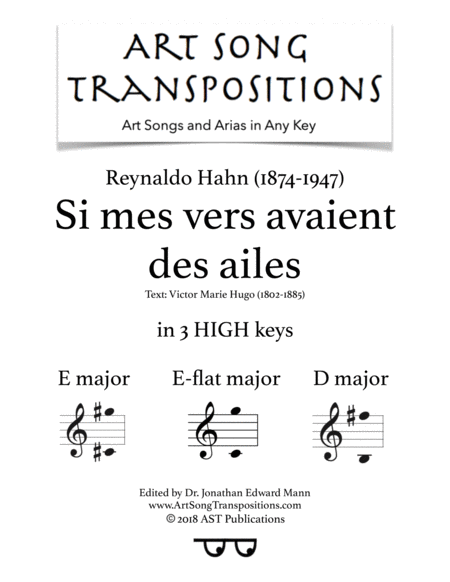 Si Mes Vers Avaient Des Ailes In 3 High Keys E E Flat D Major Sheet Music