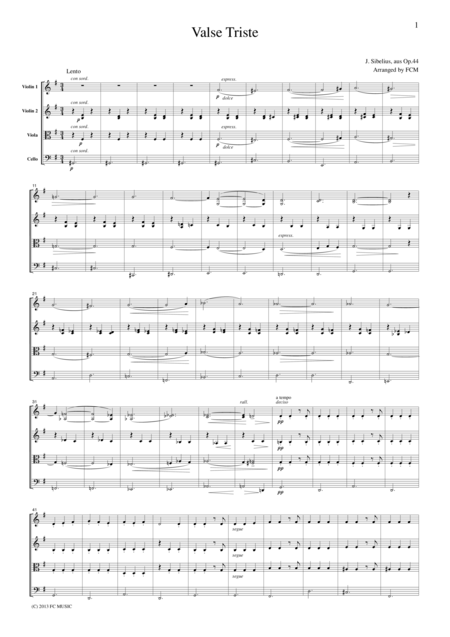 Sibelius Valse Triste For String Quartet Cs602 Sheet Music