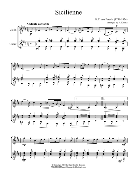 Free Sheet Music Sicilienne D Major For Violin And Guitar