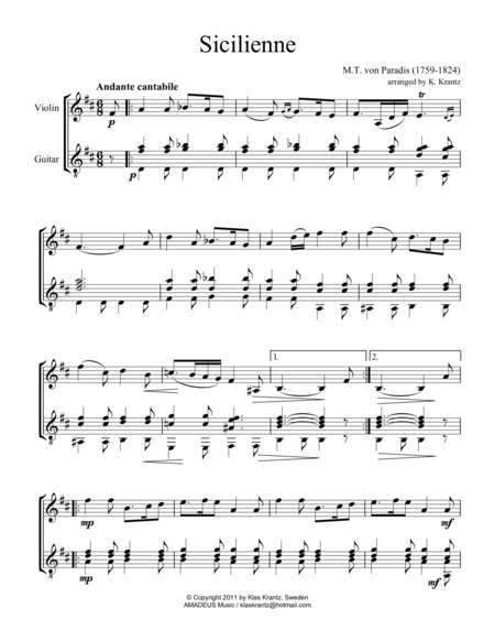 Sicilienne D Major For Violin And Guitar Sheet Music