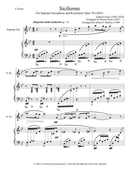 Free Sheet Music Sicilienne Opus 78 1893 For Soprano Saxophone And Keyboard