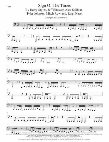 Sign Of The Times Tuba Easy Key Of C Sheet Music