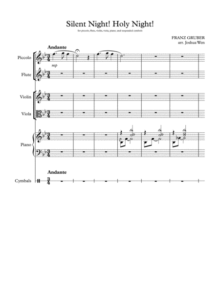 Silent Night Arr For Flute Piccolo Violin Viola And Piano With Optional Percussions Sheet Music