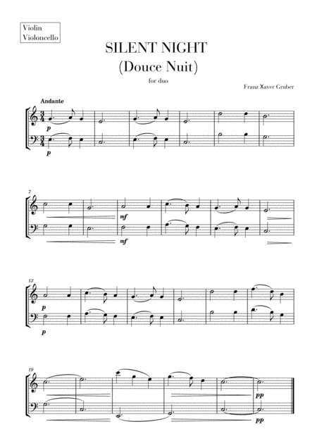 Silent Night Douce Nuit For Violin And Violoncello String Duet Sheet Music