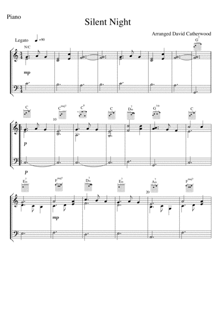 Silent Night Easy Piano Solo With Guitar Chords Added Arranged David Catherwood Sheet Music