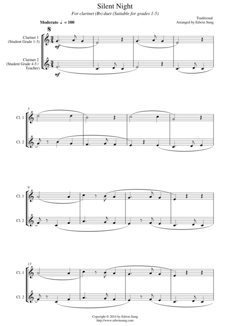 Free Sheet Music Silent Night For Clarinet Bb Duet Suitable For Grades 1 5