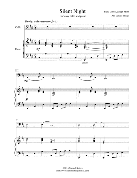 Silent Night For Easy Cello Optional Piano Accompaniment Sheet Music