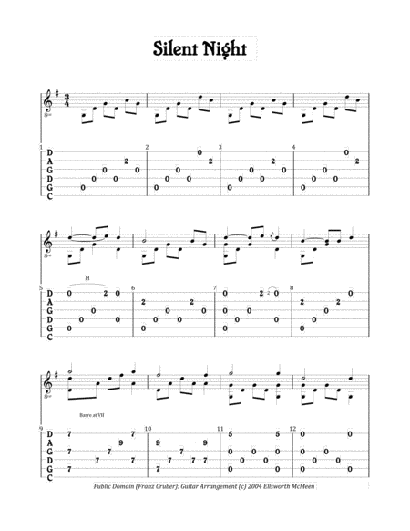 Silent Night For Fingerstyle Guitar Tuned Cgdgad Sheet Music