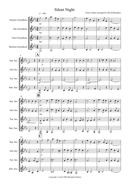 Silent Night For Saxophone Quartet Sheet Music