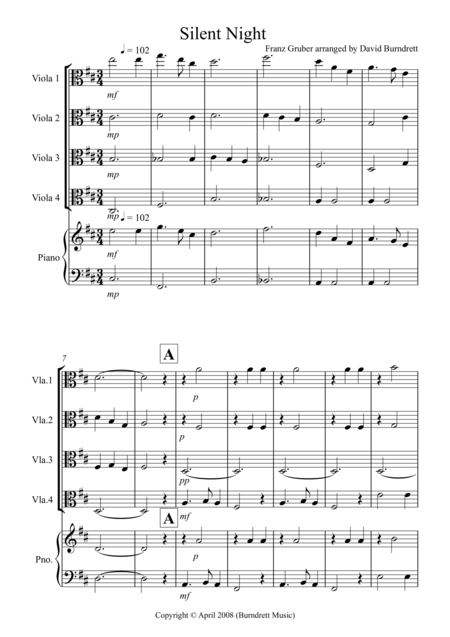 Silent Night For Viola Quartet Sheet Music