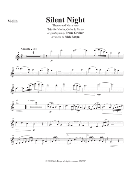 Free Sheet Music Silent Night Variations Piano Trio Violin Part