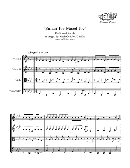 Siman Tov Mazel Tov String Quartet Traditional Jewish Arr Cellobat Sheet Music