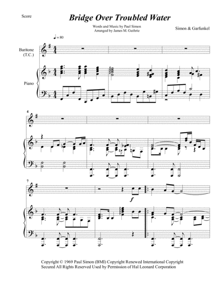 Simon Garfunkel Bridge Over Troubled Water For Baritone Horn Piano Sheet Music