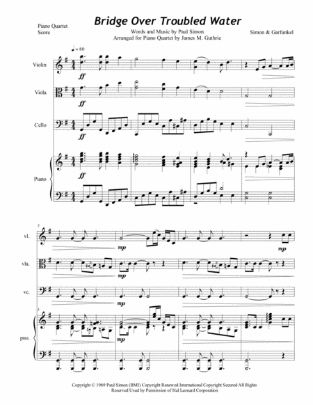 Free Sheet Music Simon Garfunkel Bridge Over Troubled Water For Piano Quartet