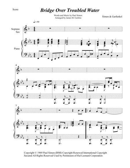 Simon Garfunkel Bridge Over Troubled Water For Soprano Sax Piano Sheet Music