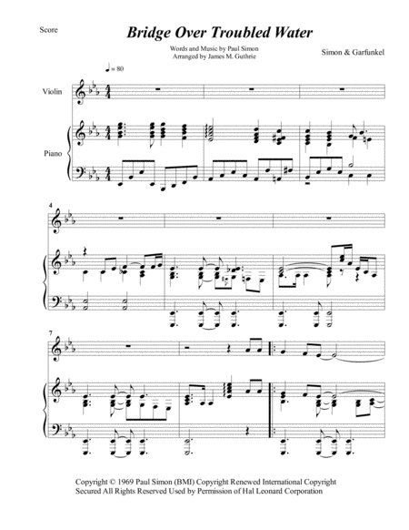 Simon Garfunkel Bridge Over Troubled Water For Violin Piano Sheet Music