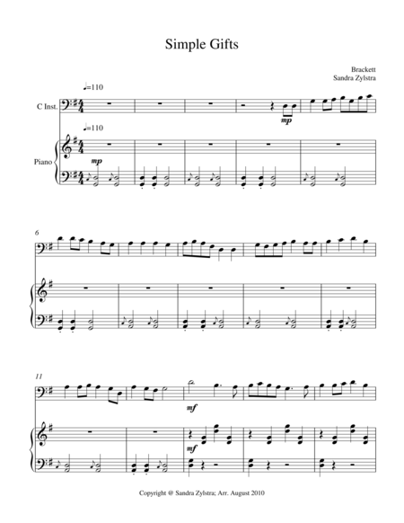 Free Sheet Music Simple Gifts Bass C Instrument Solo