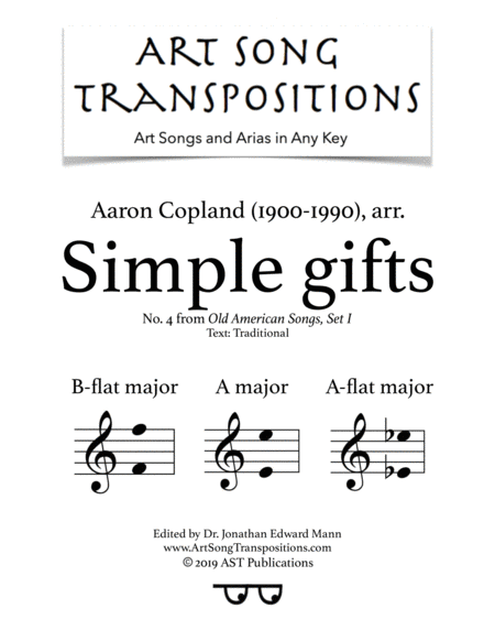 Simple Gifts In 3 High Keys B Flat A A Flat Major Sheet Music