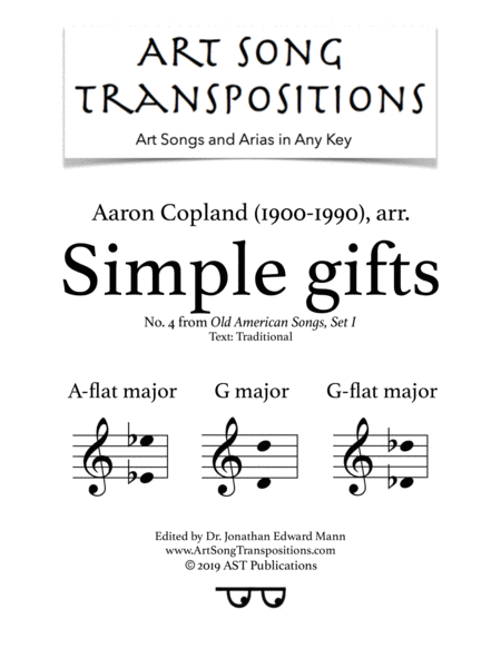 Simple Gifts In 3 Medium Keys A Flat G G Flat Major Sheet Music