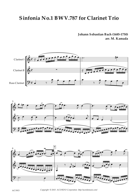 Sinfonia No 1 Bwv 787 For Clarinet Trio Sheet Music