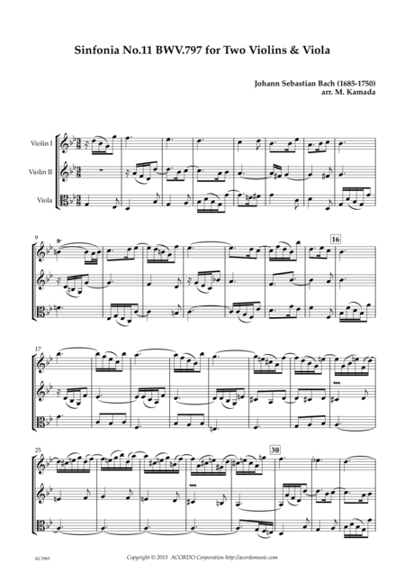 Free Sheet Music Sinfonia No 11 Bwv 797 For Two Violins Viola