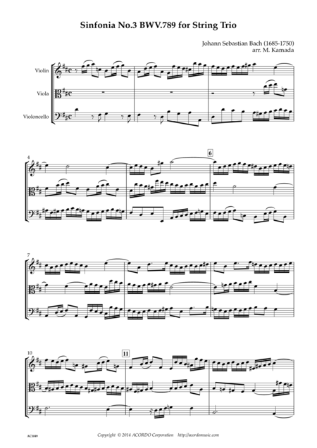 Free Sheet Music Sinfonia No 3 Bwv 789 For String Trio